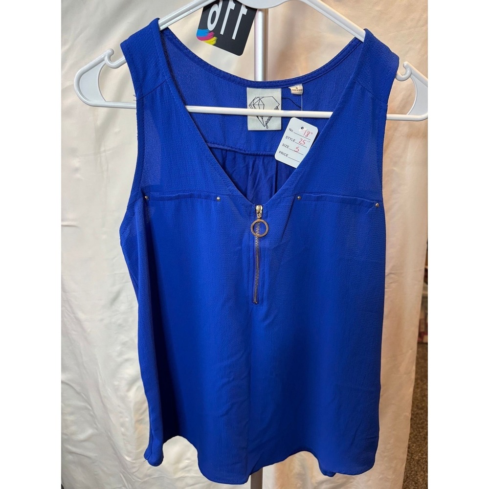116 Janet Chung Royal Blue Ring Zipper V-Neck Sleeveless Top B4780-3504 Small
